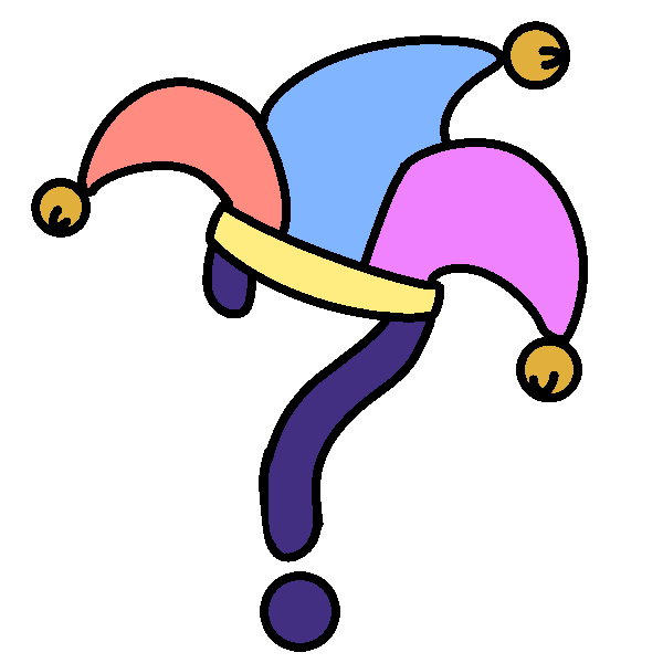  A purple question mark wearing a red, blue, and pink jester hat.
